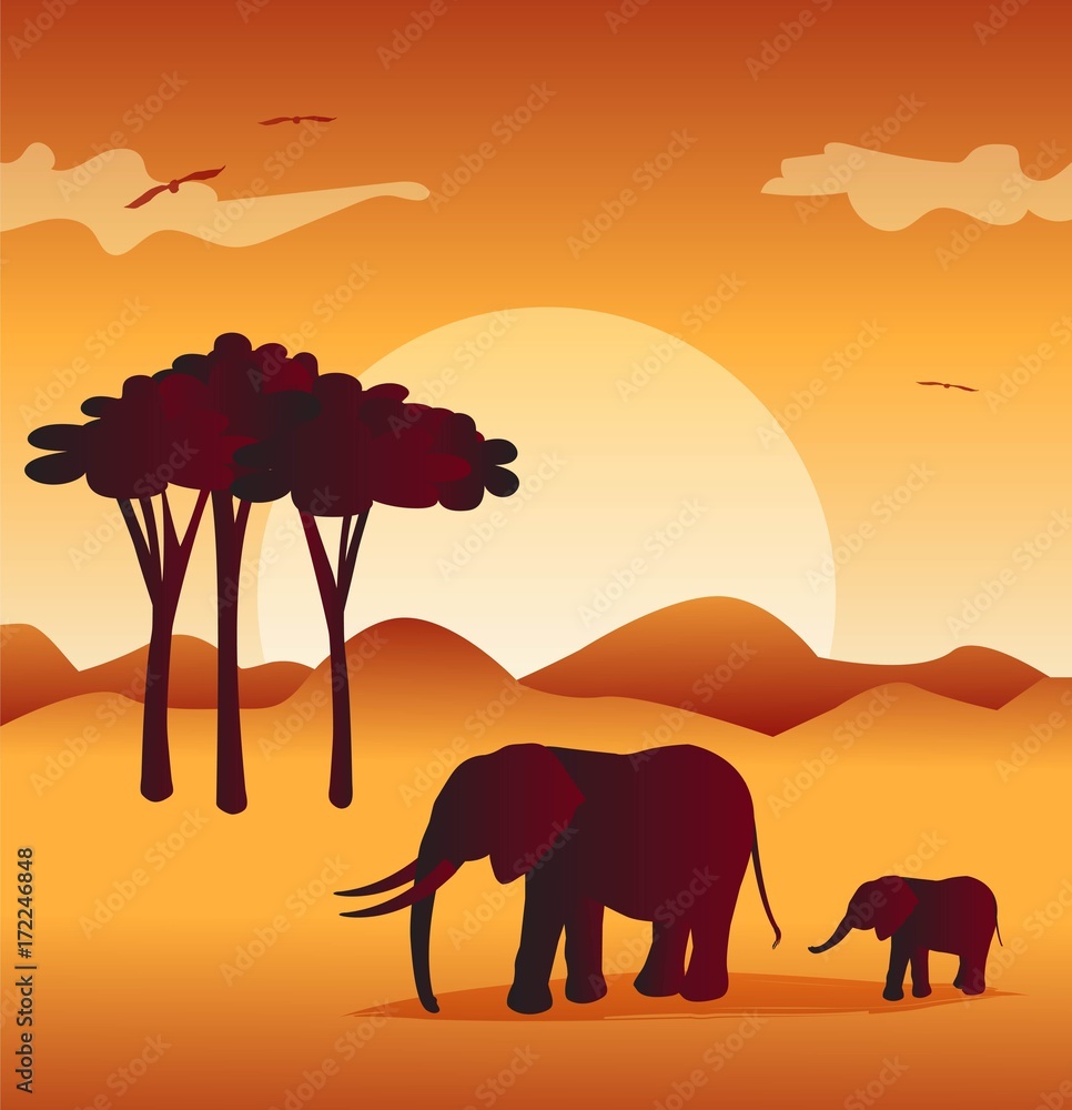 Visual Drawing Silhouette Of Elephants In Safari With Wild And Sunset  Background For Vector Illustration Stock Vector | Adobe Stock