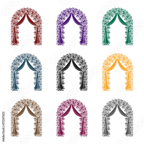 Floral wedding arch icon in black style isolated on white background. Event service symbol stock vector illustration.