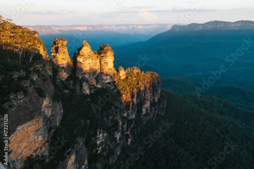 Three Sisters rock formation at Blue Mountains National Park, Australia photo