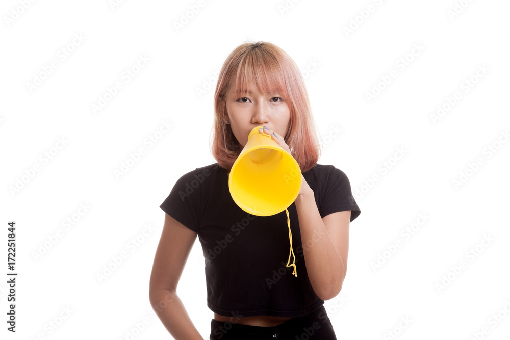 Beautiful young Asian woman announce with megaphone. Beautiful young Asian woman announce with megaphone.