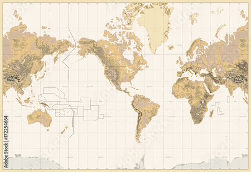 Vintage Physical World Map-America Centered-Colors of Brown. No bathymetry and text