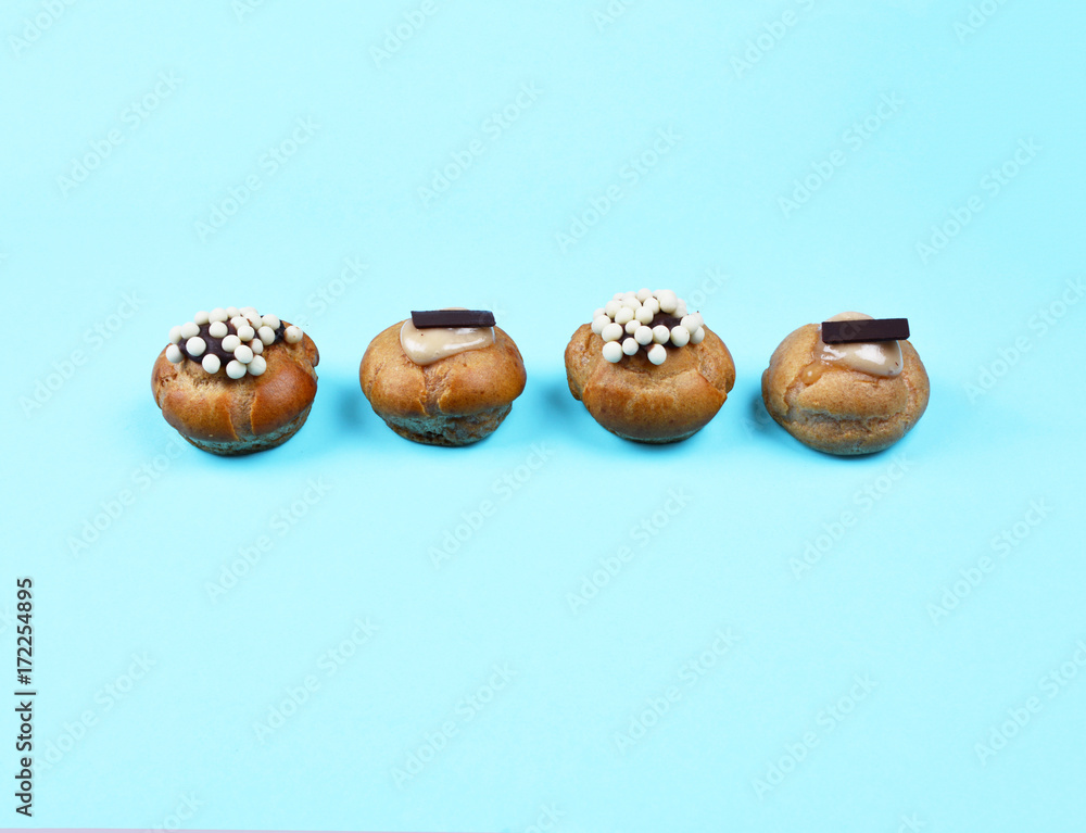 Pastries on trendy blue background. Pastries on trendy blue background.