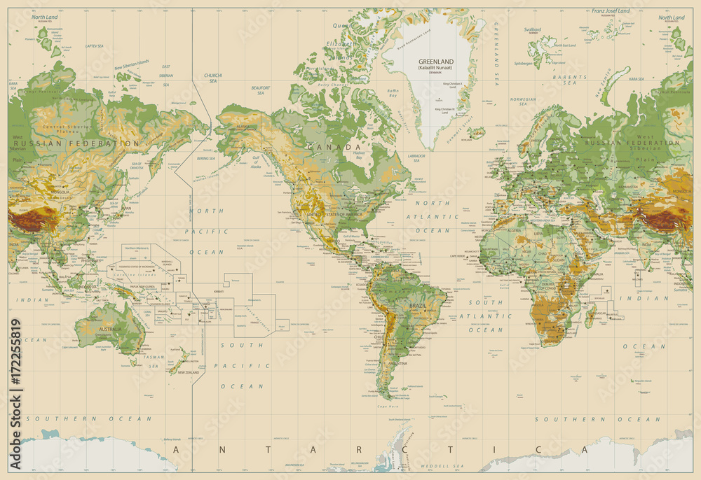 America Centered Physical World Map On Retro White