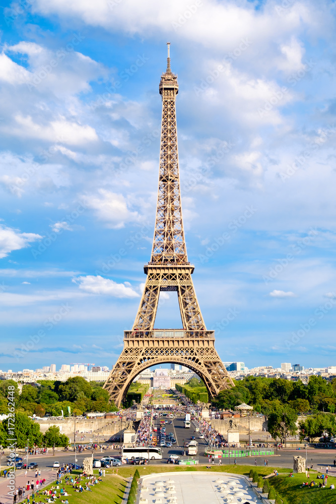 The Eiffel Tower on a beautiful  day in Paris