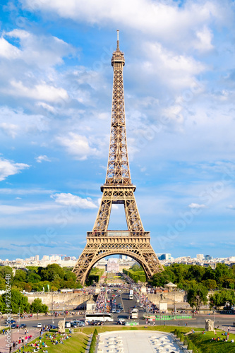 The Eiffel Tower on a beautiful day in Paris