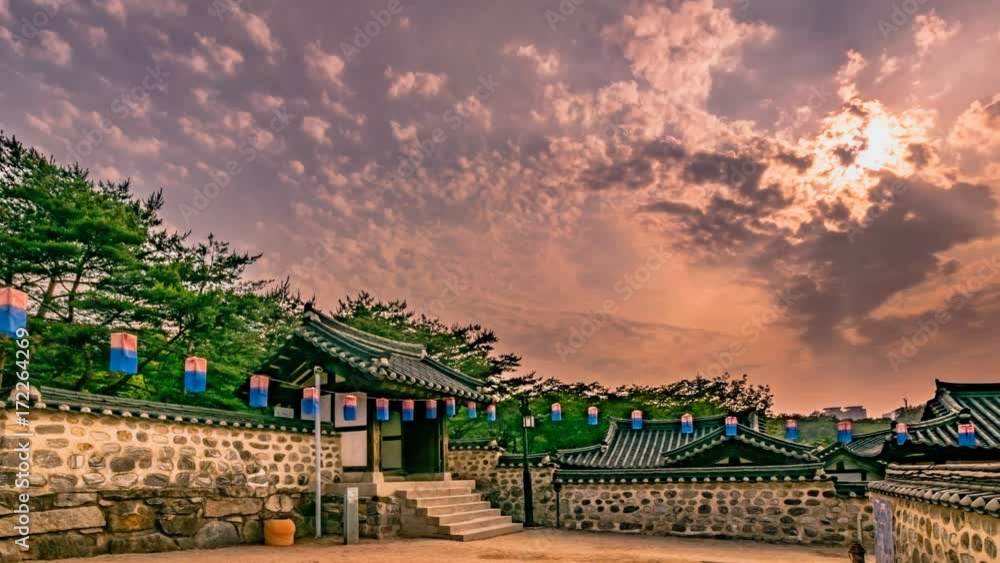 South Korea, Seoul - Sunset at namsan hanok village. Time lapse