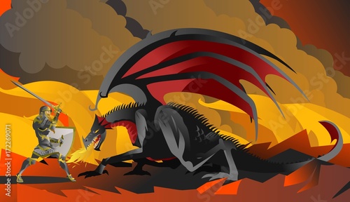 knight hero fighting a black dragon in the fire