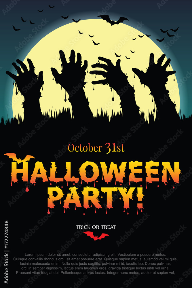 Halloween party poster with zombie s hand.