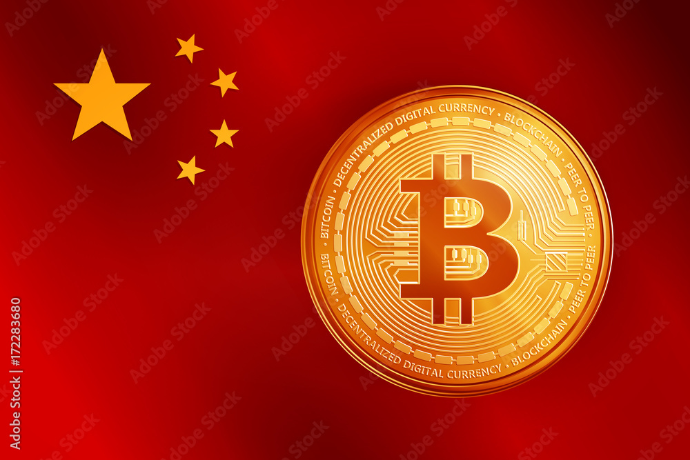 Golden bitcoin coin on the China flag. Crypto currency golden coin bitcoin symbol on China flag background. Realistic vector illustration. Golden bitcoin coin on the China flag. Crypto currency golden coin bitcoin symbol on China flag background. Realistic vector illustration.