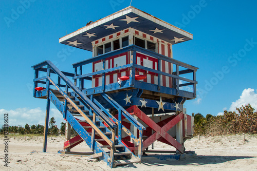 Lifeguards tower post in american colors at Miami Beach