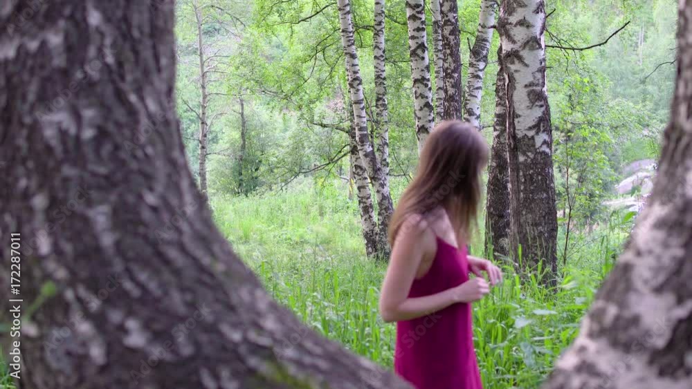 Young woman in summer forest. Woman brunette in red dress in nature. Young woman in summer forest. Woman brunette in red dress in nature.