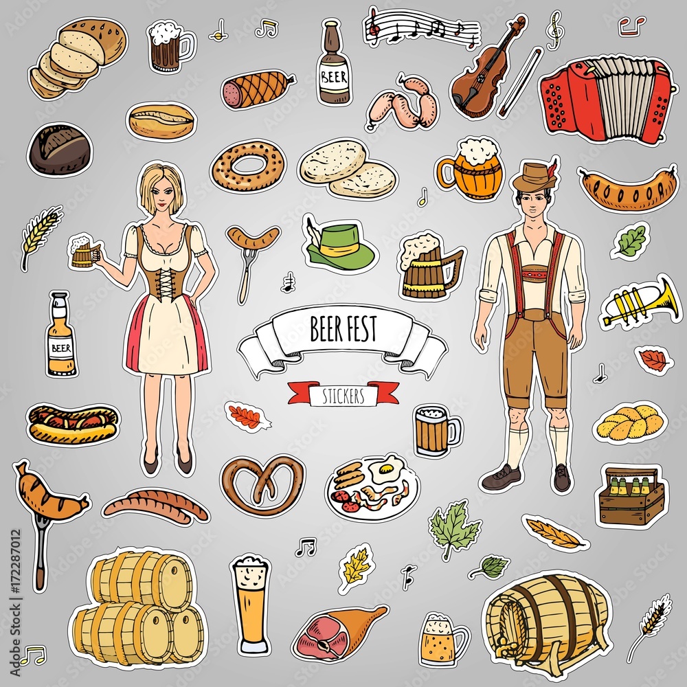 Hand drawn doodle set of Oktoberfest icons. Vector illustration set ...
