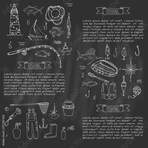Hand drawn doodle Fishing icons set. Vector illustration. Cartoon catching fish equipment elements collection: Rod, Baits, Spinning, Lure, Inflatable Boat, Yacht, Lighthouse, Cloth, Safety jacket.