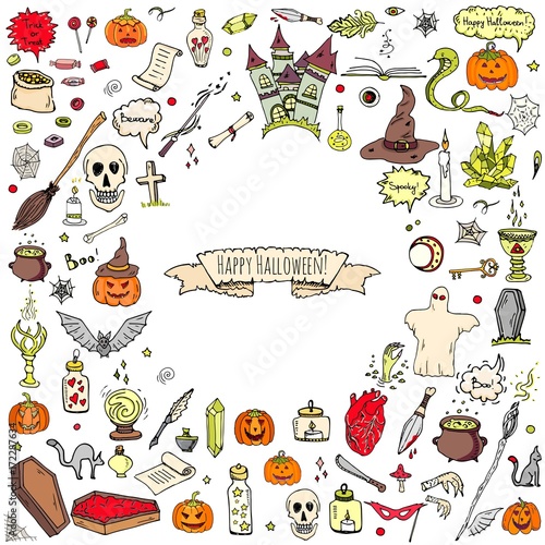 Hand drawn doodle Happy Halloween icons set. Vector illustration. Holiday symbols collection. Cartoon various sketch elements: pumpkin, ghost, castle, bat, candy, witches cauldron, zombie hand, skull