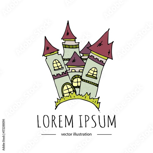 Hand drawn doodle Happy Halloween related icon - Magic castle. Vector illustration. Holiday symbol. Cartoon sketch element: ghost castle, scary building, horror house, creepy home