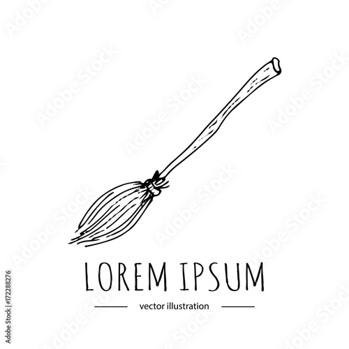 Hand drawn doodle Happy Halloween related icon - magic broom. Vector illustration. Holiday symbol isolated on white background. Cartoon sketch element: witch or wizard old flying broom