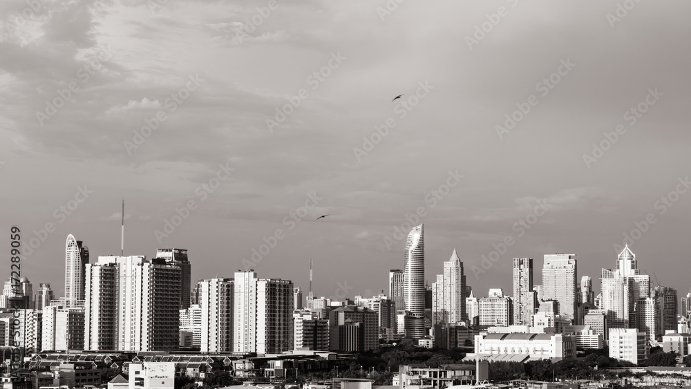 Modern building in business district at Bangkok city, Thailand. Black and White tone