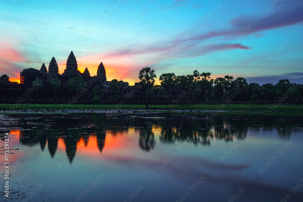 Cambodia  Angkor Wat landmark with reflection in water on sunrise