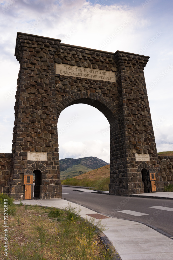 The Roosevelt Arch at the entrance of Yellowstone National Park with its engraved with 