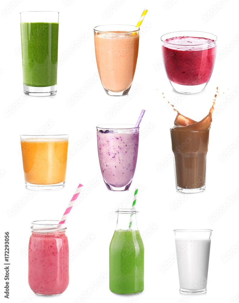 Different protein shakes in glassware on white background Different protein shakes in glassware on white background