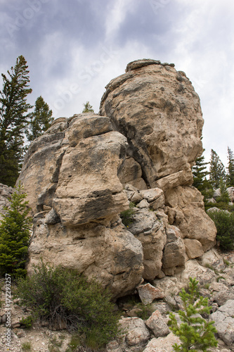 A vertical rock formation with vegetation and pine trees surrounding the boulders and clouds above.