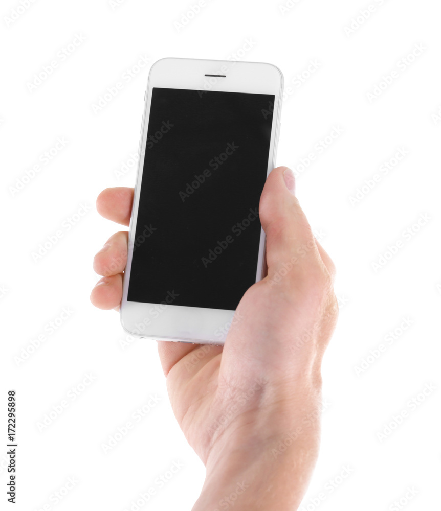 Man holding smartphone on white background, closeup Man holding smartphone on white background, closeup