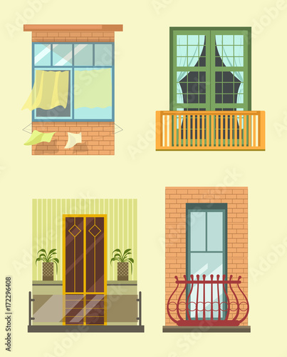 House windows and balcony different stlyes exterior decor vector flat icons