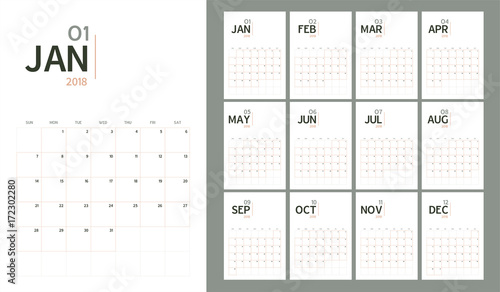 Vector of 2018 new year calendar in modern table simple design style and pastel organic tone color,Holiday event planner,Week Starts Sunday,A5 size