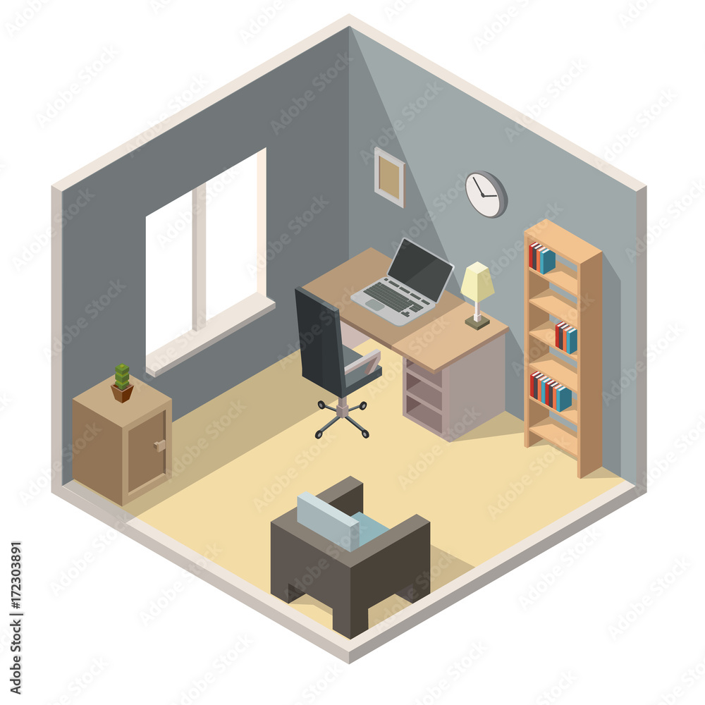 Home office isometric interior vector illustration cabinet