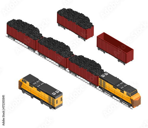Isometric train coal and mining cargo vector illustration background