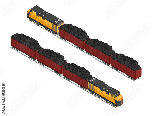 Isometric train coal and mining cargo vector illustration background