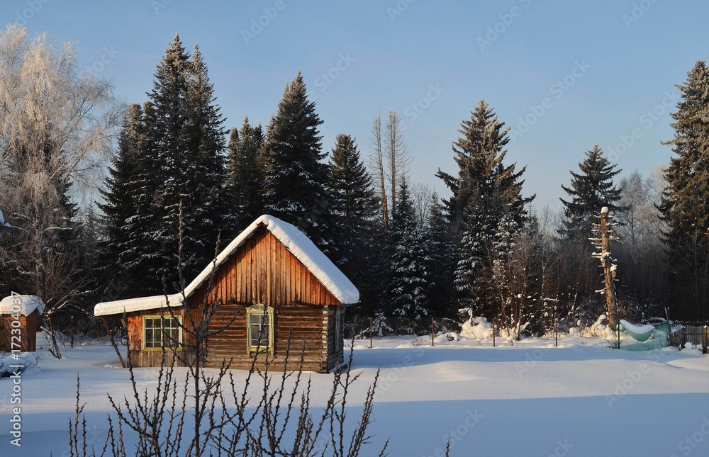 Сказочный домик в лесу под снегом, иней на деревьях, природа Сибири в феврале