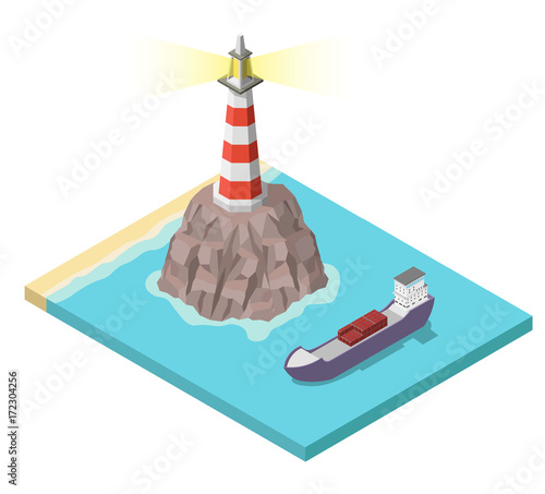 Isometric lighthouse on rock and ship vector
