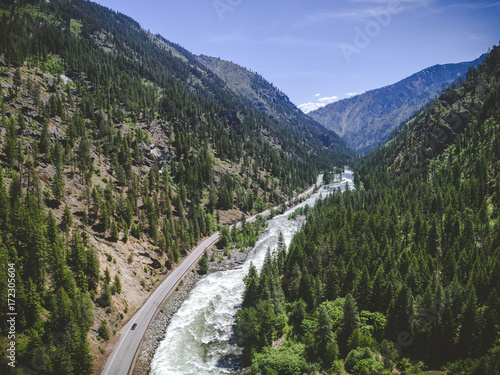 Aerial of Scenic Wilderness Highway by Mountain River