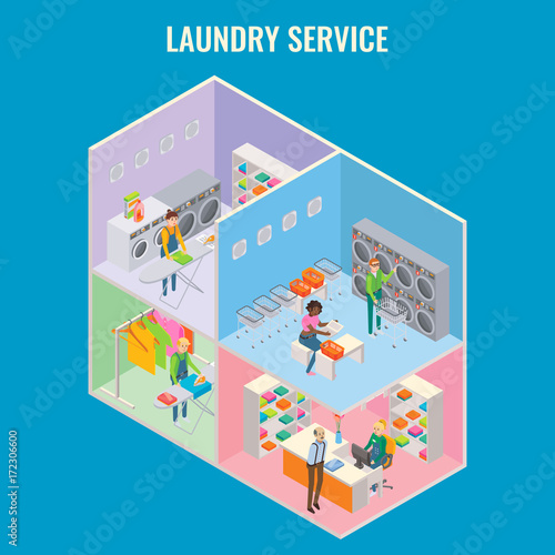Vector 3d isometric laundry service concept illustration