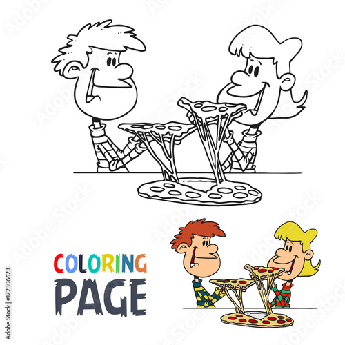 kids with pizza cartoon coloring page