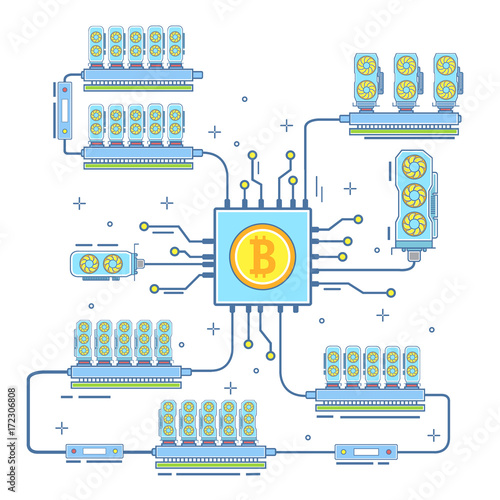 Bitcoin farm vector illustration in flat linear style