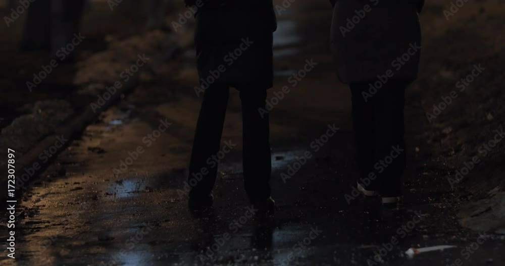 Back view of two women having a walk in evening winter city and talking friendly Back view of two women having a walk in evening winter city and talking friendly