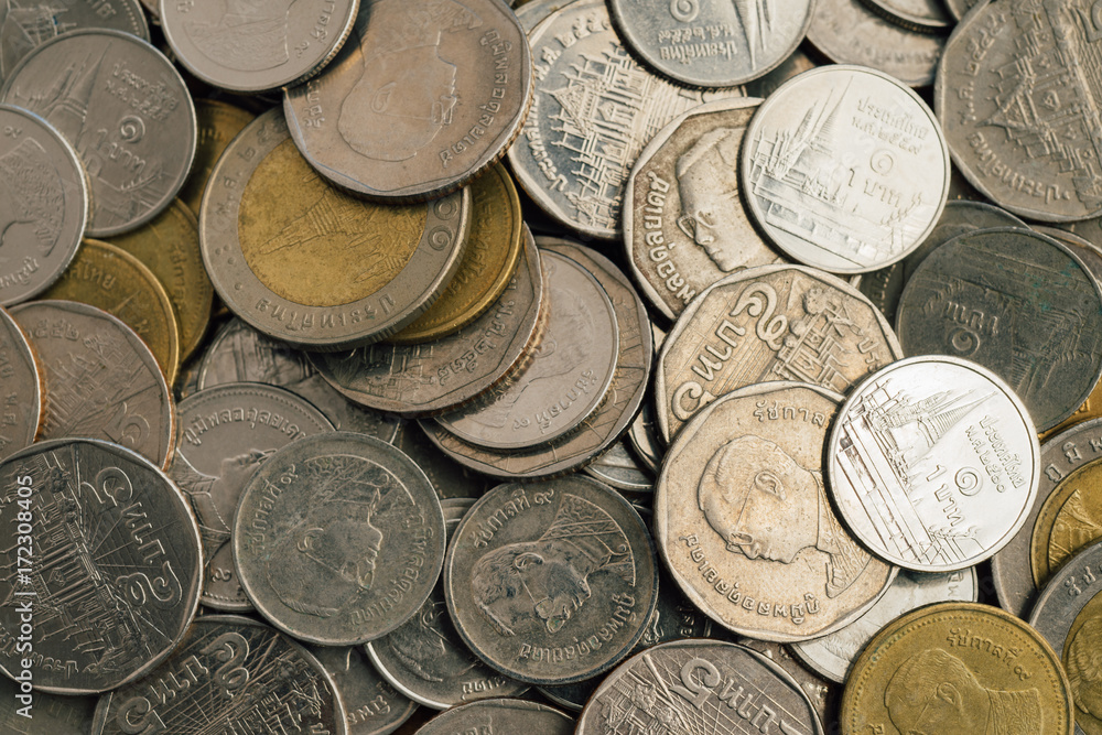 Thai Baht Coins background. Concept of financial, Saving concept Thai Baht Coins background. Concept of financial, Saving concept