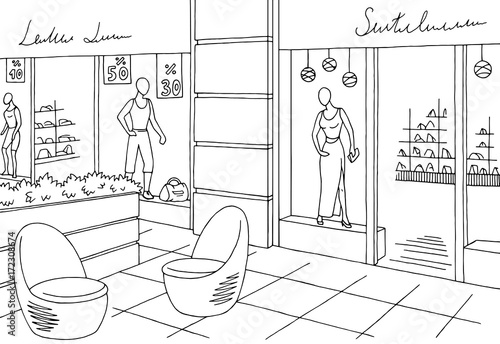 Shopping mall graphic black white interior sketch illustration vector