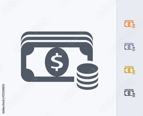 Dollar Bills & Coin Stack - Carbon Icons. A professional, pixel-aligned icon designed on a 32 x 32 pixel grid and redesigned on a 16 x 16 pixel grid for very small sizes.