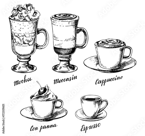 Vector vintage hand drawn coffee types set