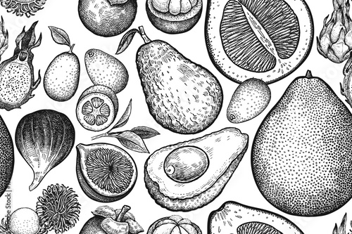 Seamless vector pattern with exotic fruits.