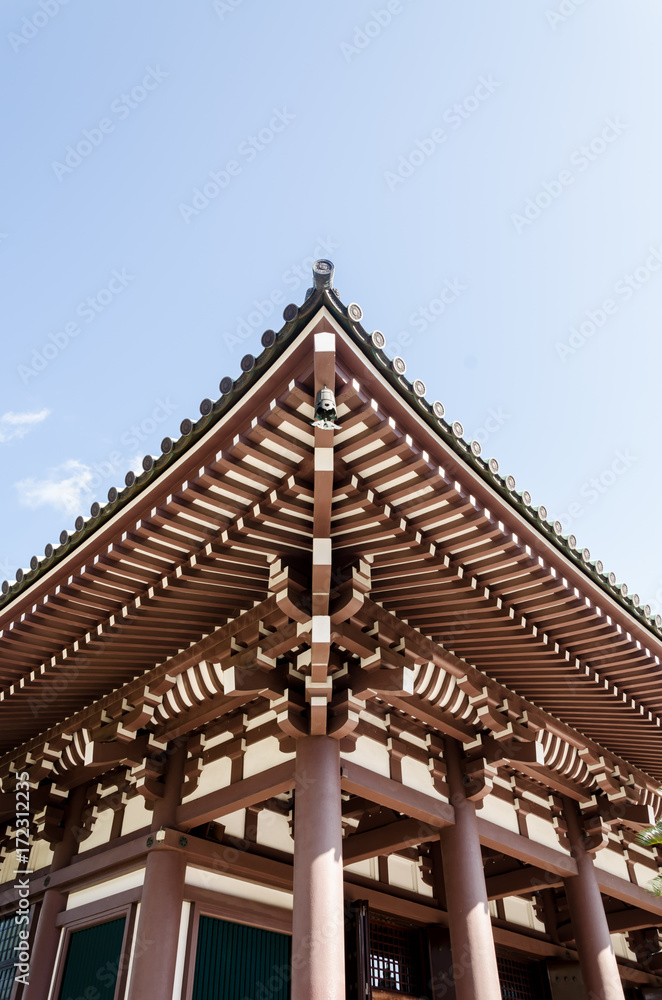 Wooden rooftop in the buddhism temple in Fukuoka prefecture
