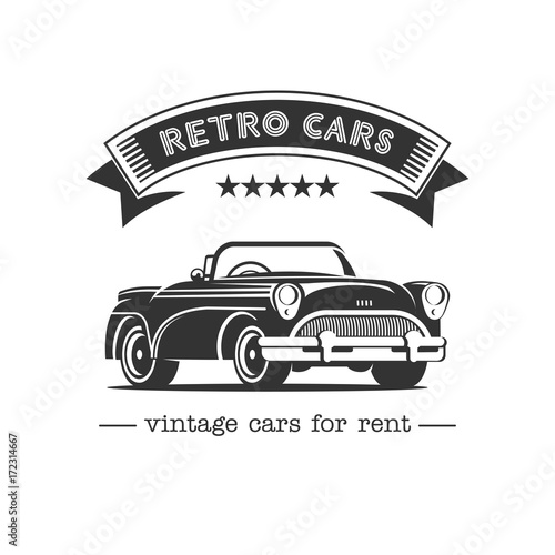 Vintage car. Sale, rental of vintage cars. Monochrome vector logo. Retro cars for rent.