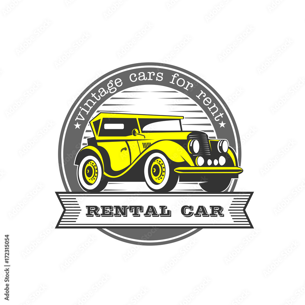 Vintage cars for rent. Yellow retro car. Vector logo isolated on white background.