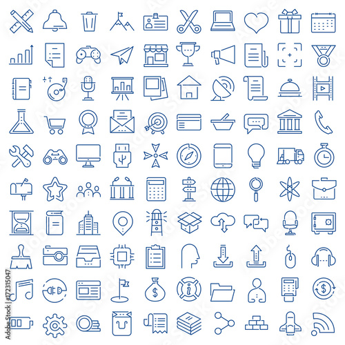 Set of 100 vector linear thin icons related of media market service and social media icons for mobile application. Mono line pictograms and infographics design elements