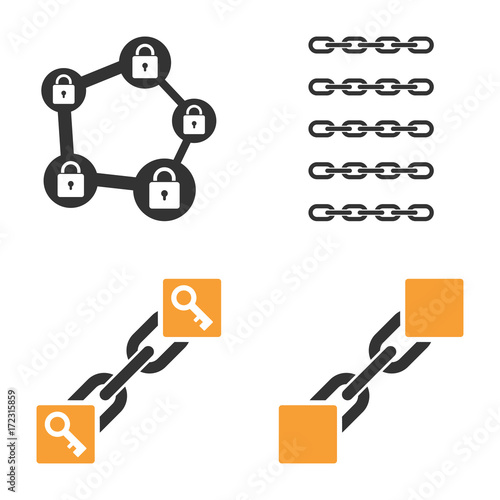 Blockchain vector icon set. Style is bicolor flat symbols.