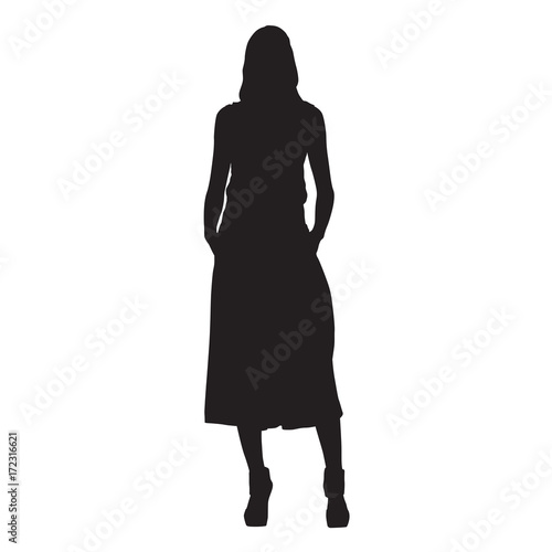 Slim adult woman standing, vector silhouette