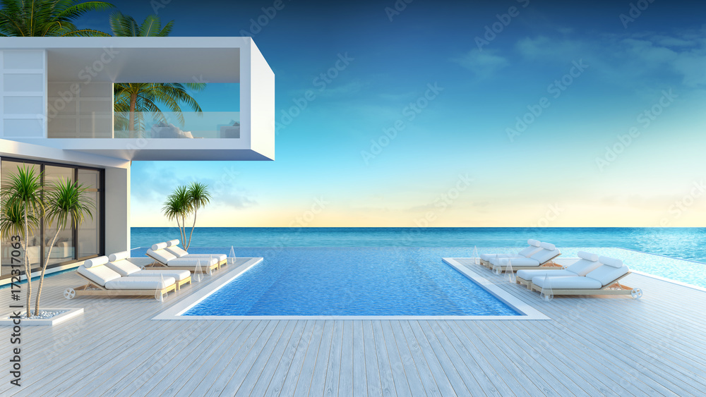 Beach lounge, sun loungers on Sunbathing deck and private swimming pool with  panoramic sea view at Modern villa/3d rendering